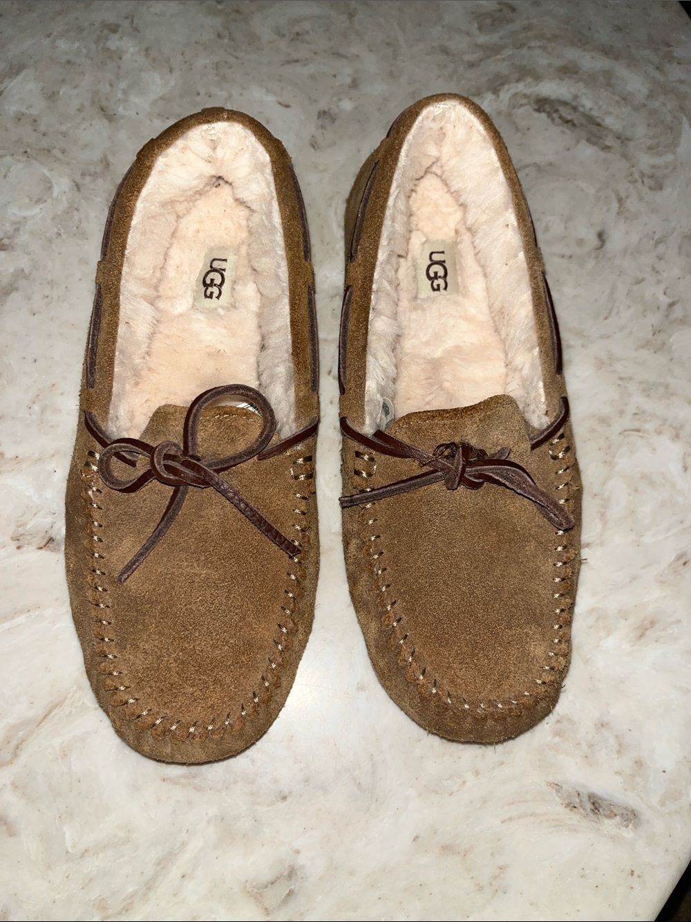 UGG Chestnut Suede Moccasin Slippers with Faux Shearling